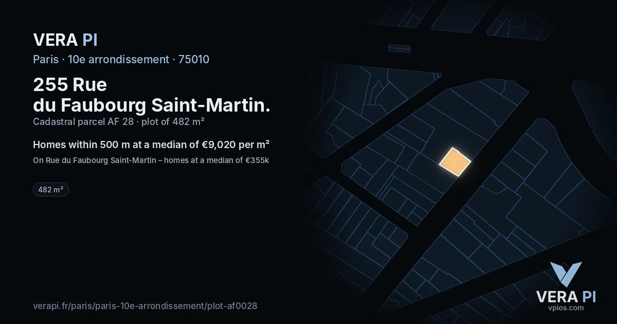 255 Rue du Faubourg Saint-Martin, 10e arrondissement at night – the plot lit, the parcels around coloured by the prices near them