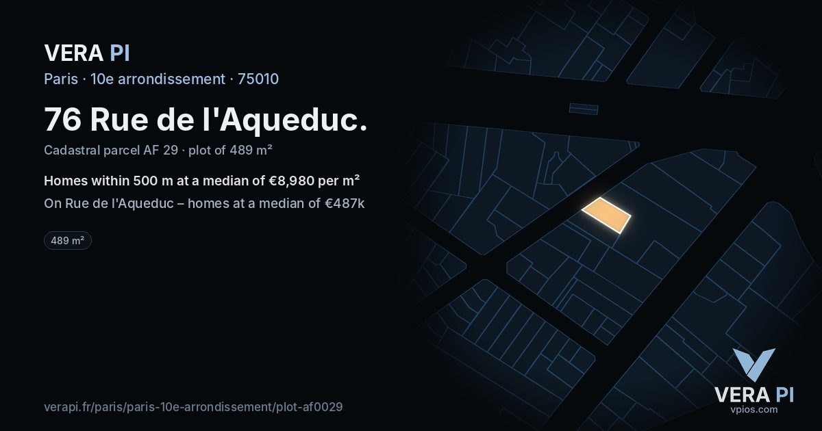 76 Rue de l'Aqueduc, 10e arrondissement at night – the plot lit, the parcels around coloured by the prices near them