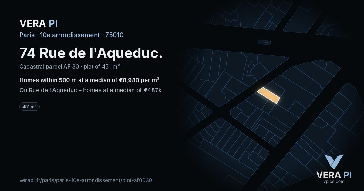 74 Rue de l'Aqueduc, 10e arrondissement at night – the plot lit, the parcels around coloured by the prices near them