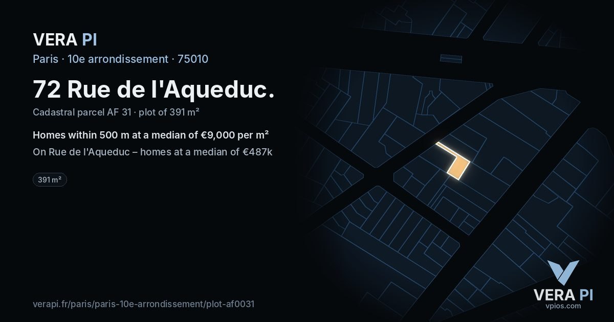 72 Rue de l'Aqueduc, 10e arrondissement at night – the plot lit, the parcels around coloured by the prices near them