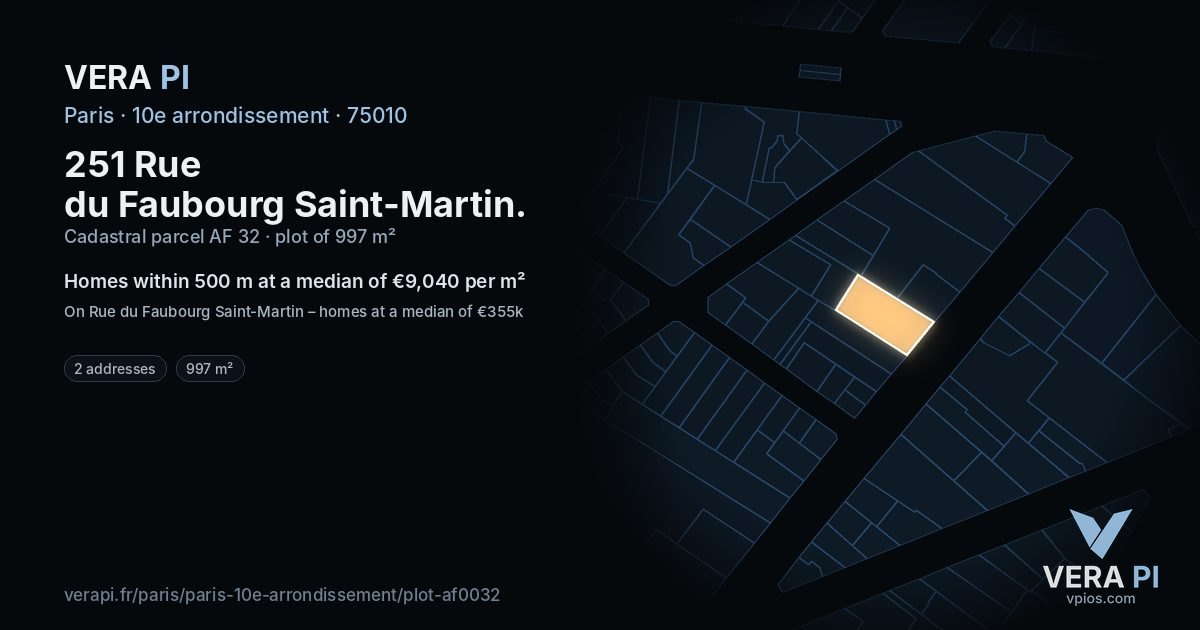 251 Rue du Faubourg Saint-Martin, 10e arrondissement at night – the plot lit, the parcels around coloured by the prices near them