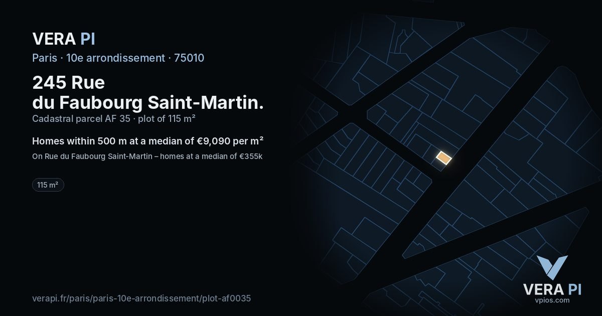 245 Rue du Faubourg Saint-Martin, 10e arrondissement at night – the plot lit, the parcels around coloured by the prices near them