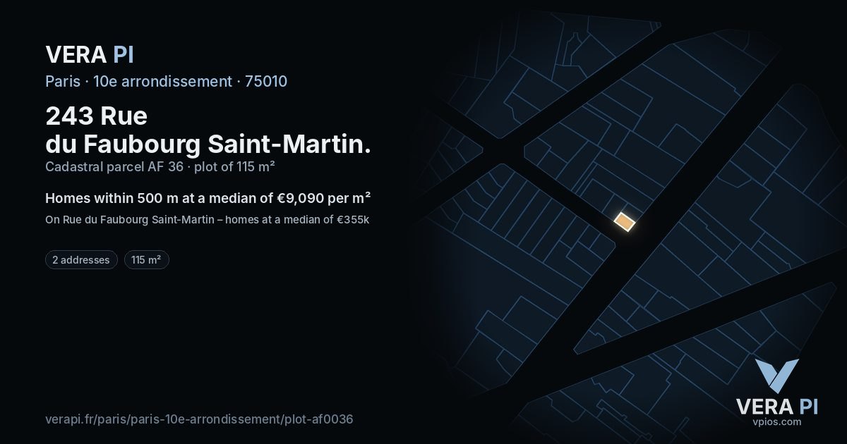 243 Rue du Faubourg Saint-Martin, 10e arrondissement at night – the plot lit, the parcels around coloured by the prices near them