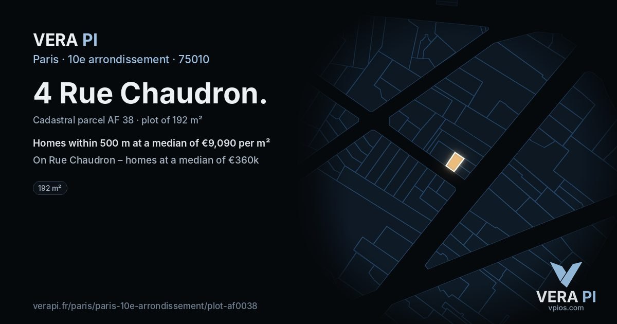 4 Rue Chaudron, 10e arrondissement at night – the plot lit, the parcels around coloured by the prices near them