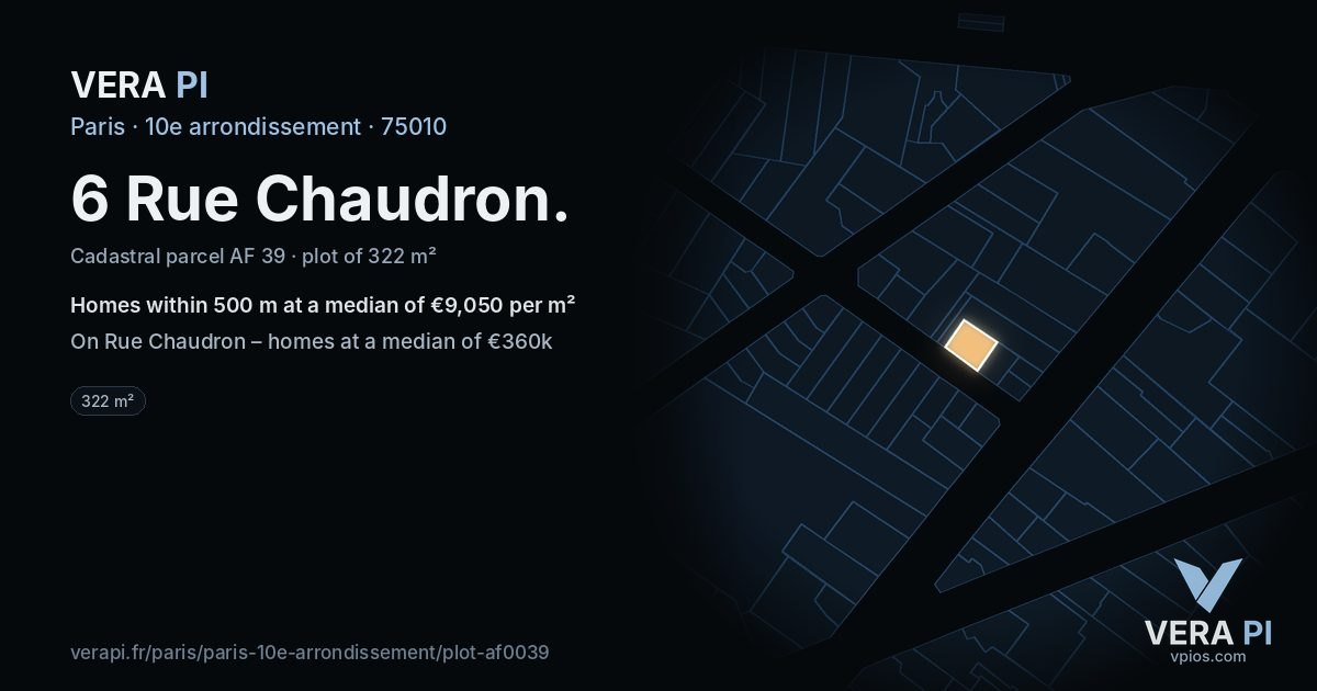 6 Rue Chaudron, 10e arrondissement at night – the plot lit, the parcels around coloured by the prices near them