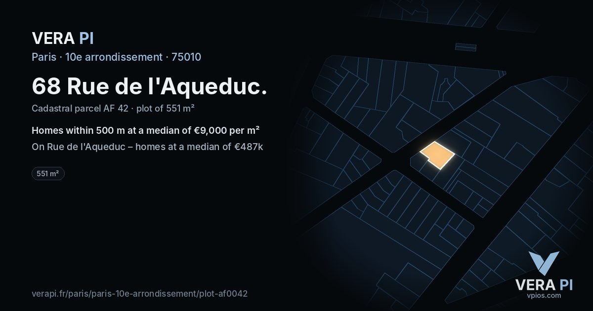 68 Rue de l'Aqueduc, 10e arrondissement at night – the plot lit, the parcels around coloured by the prices near them