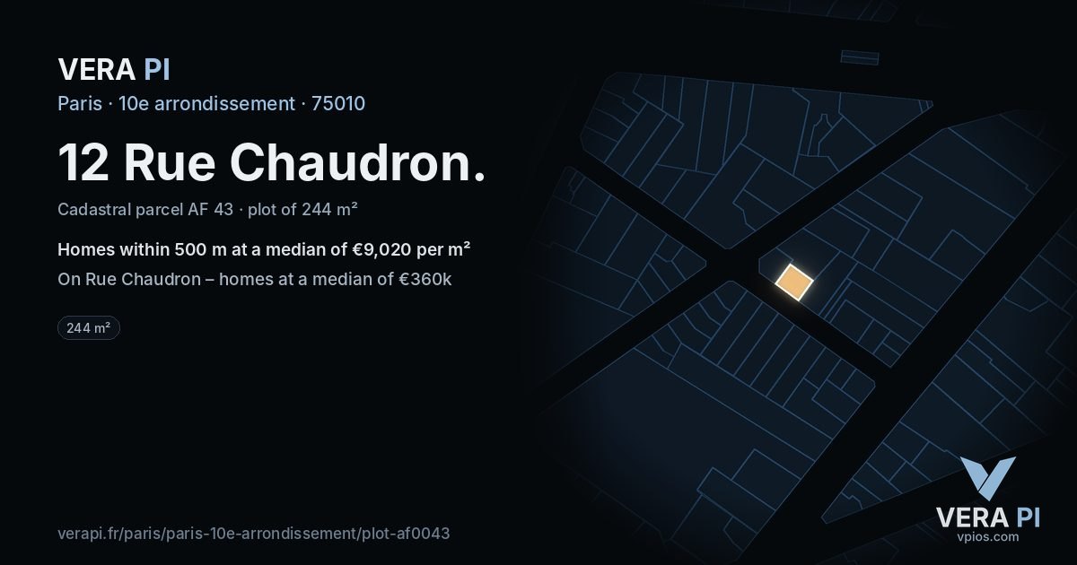 12 Rue Chaudron, 10e arrondissement at night – the plot lit, the parcels around coloured by the prices near them