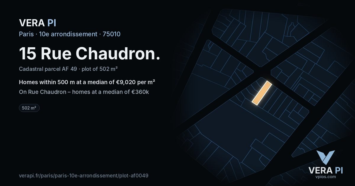 15 Rue Chaudron, 10e arrondissement at night – the plot lit, the parcels around coloured by the prices near them