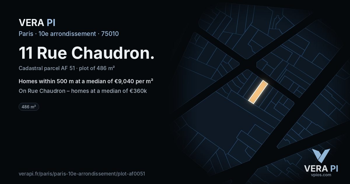 11 Rue Chaudron, 10e arrondissement at night – the plot lit, the parcels around coloured by the prices near them