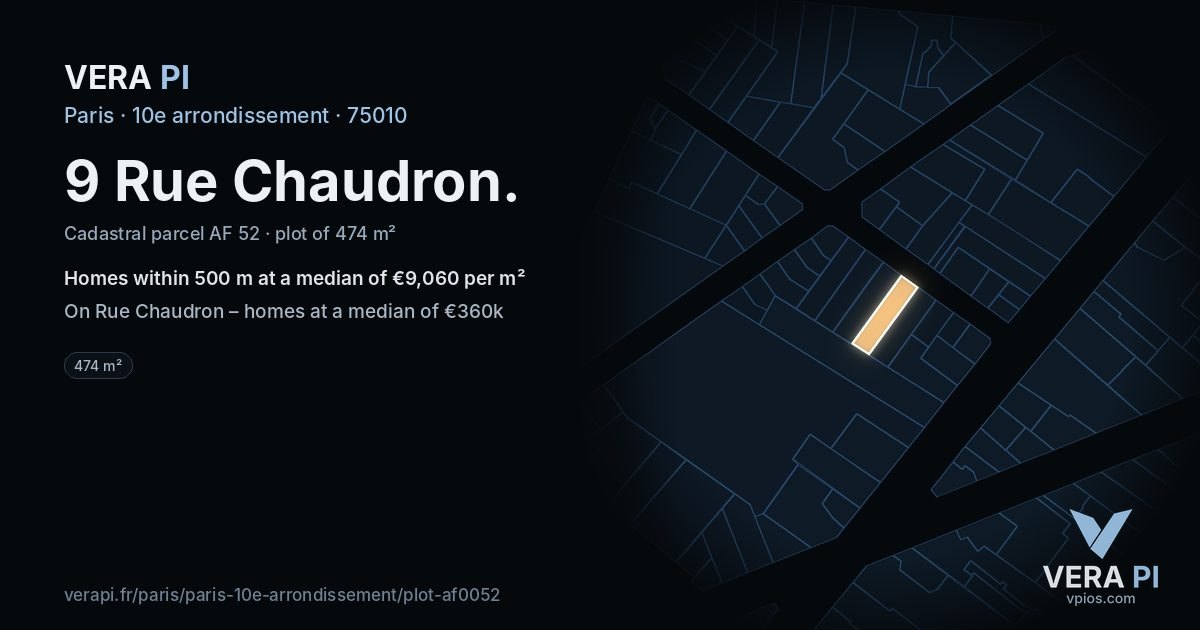 9 Rue Chaudron, 10e arrondissement at night – the plot lit, the parcels around coloured by the prices near them