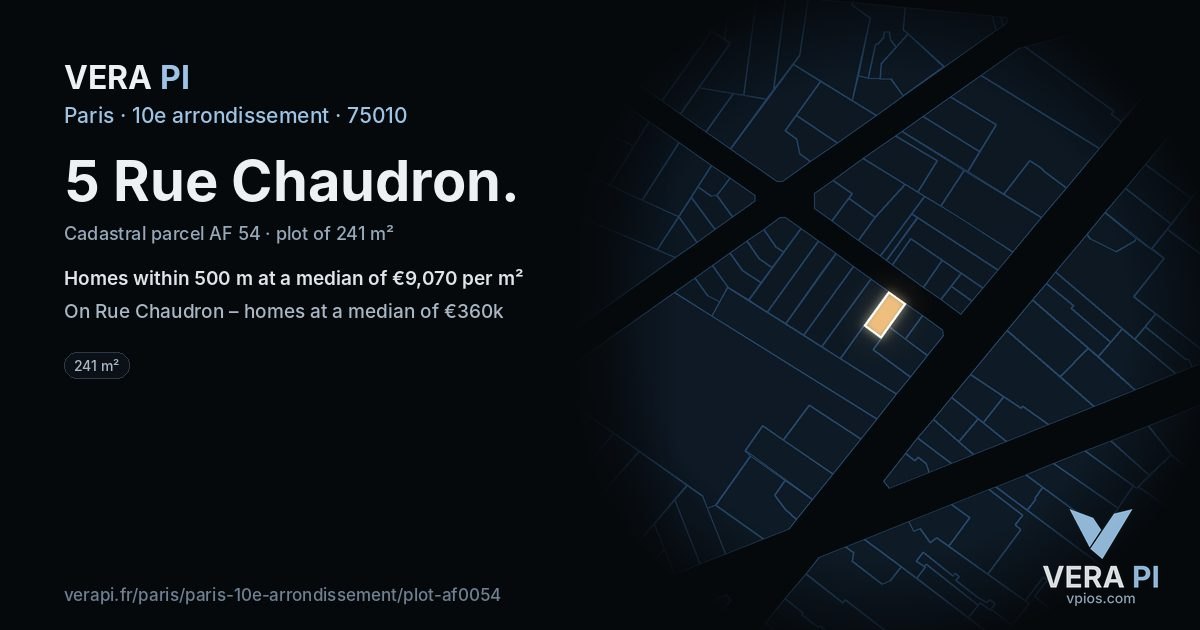 5 Rue Chaudron, 10e arrondissement at night – the plot lit, the parcels around coloured by the prices near them
