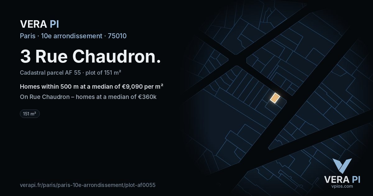 3 Rue Chaudron, 10e arrondissement at night – the plot lit, the parcels around coloured by the prices near them