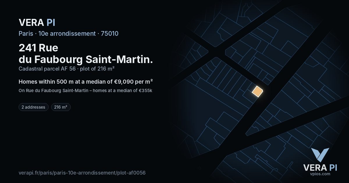 241 Rue du Faubourg Saint-Martin, 10e arrondissement at night – the plot lit, the parcels around coloured by the prices near them