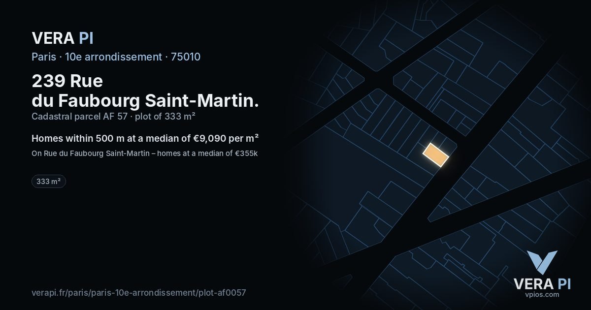 239 Rue du Faubourg Saint-Martin, 10e arrondissement at night – the plot lit, the parcels around coloured by the prices near them