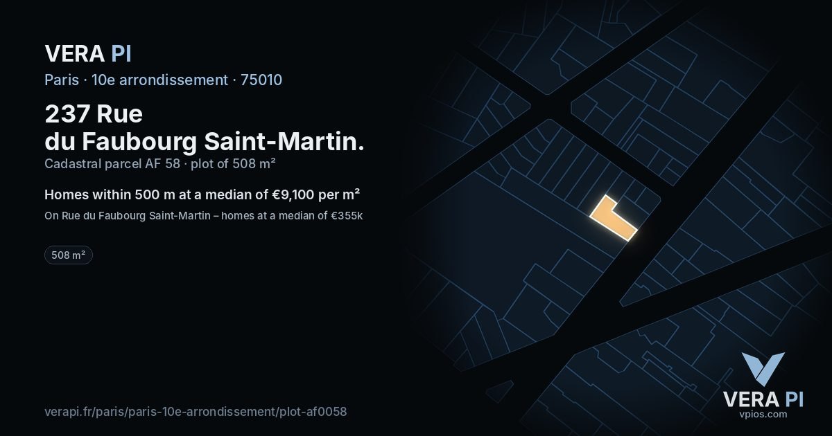 237 Rue du Faubourg Saint-Martin, 10e arrondissement at night – the plot lit, the parcels around coloured by the prices near them