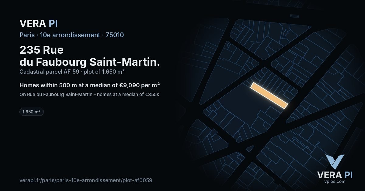 235 Rue du Faubourg Saint-Martin, 10e arrondissement at night – the plot lit, the parcels around coloured by the prices near them