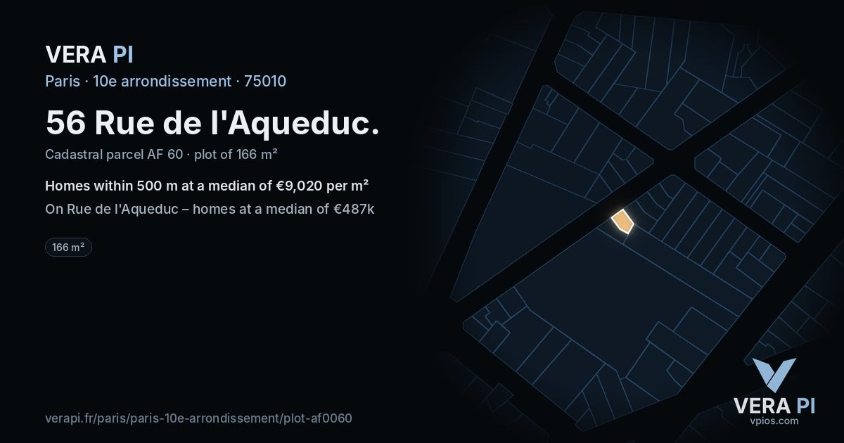 56 Rue de l'Aqueduc, 10e arrondissement at night – the plot lit, the parcels around coloured by the prices near them
