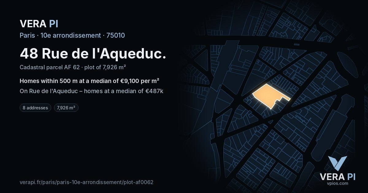 48 Rue de l'Aqueduc, 10e arrondissement at night – the plot lit, the parcels around coloured by the prices near them