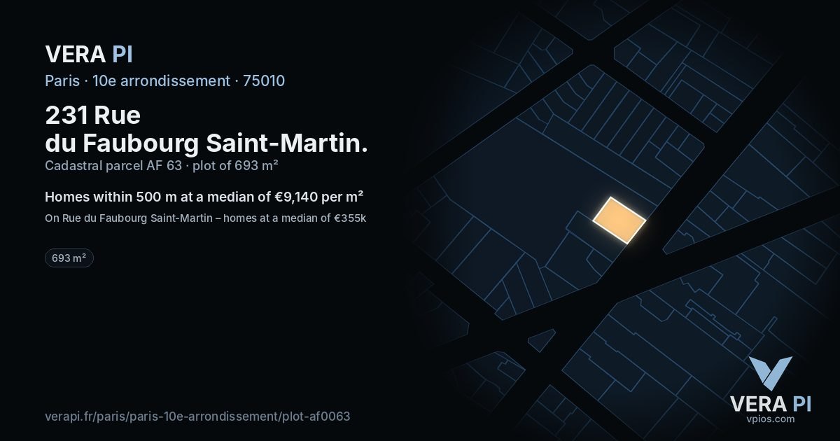 231 Rue du Faubourg Saint-Martin, 10e arrondissement at night – the plot lit, the parcels around coloured by the prices near them