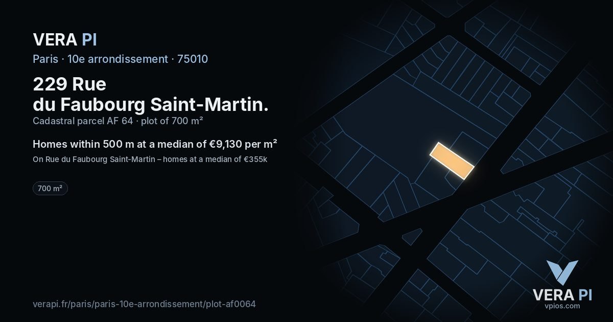 229 Rue du Faubourg Saint-Martin, 10e arrondissement at night – the plot lit, the parcels around coloured by the prices near them