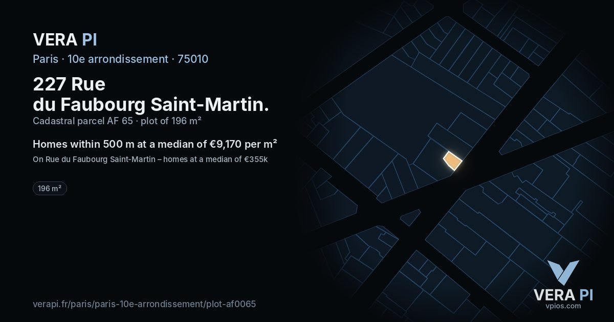 227 Rue du Faubourg Saint-Martin, 10e arrondissement at night – the plot lit, the parcels around coloured by the prices near them