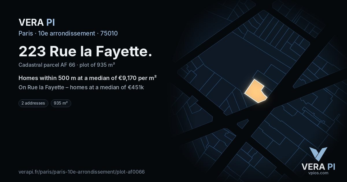 223 Rue la Fayette, 10e arrondissement at night – the plot lit, the parcels around coloured by the prices near them