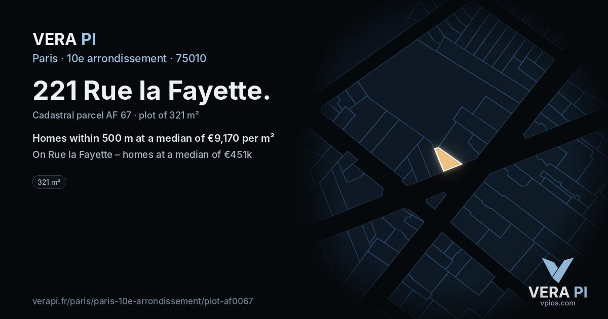 221 Rue la Fayette, 10e arrondissement at night – the plot lit, the parcels around coloured by the prices near them