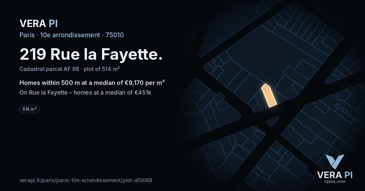 219 Rue la Fayette, 10e arrondissement at night – the plot lit, the parcels around coloured by the prices near them