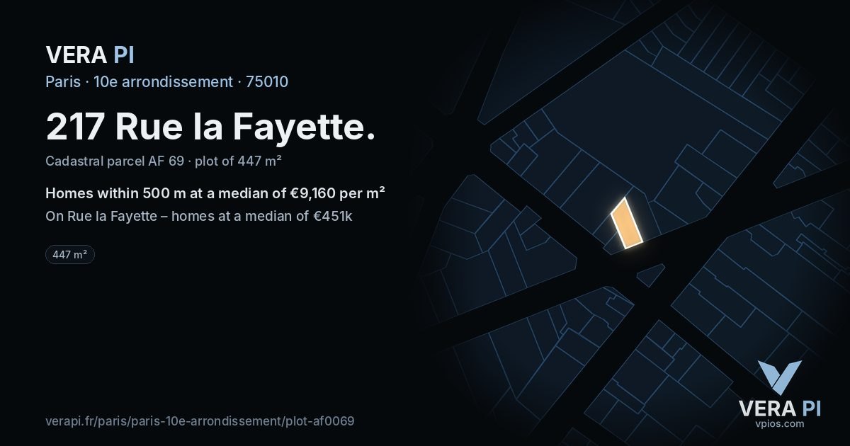 217 Rue la Fayette, 10e arrondissement at night – the plot lit, the parcels around coloured by the prices near them