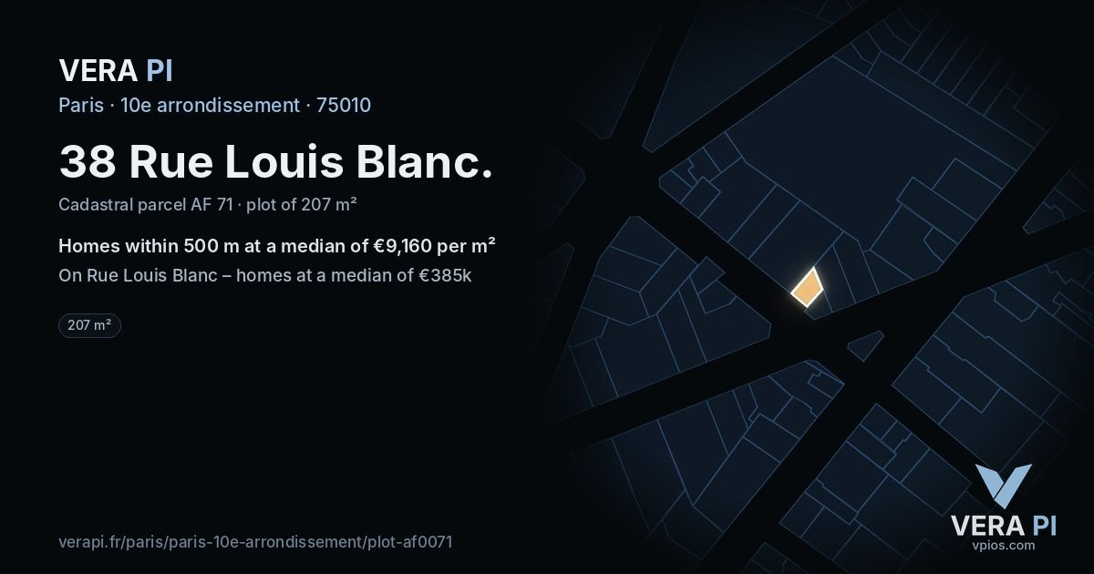 38 Rue Louis Blanc, 10e arrondissement at night – the plot lit, the parcels around coloured by the prices near them