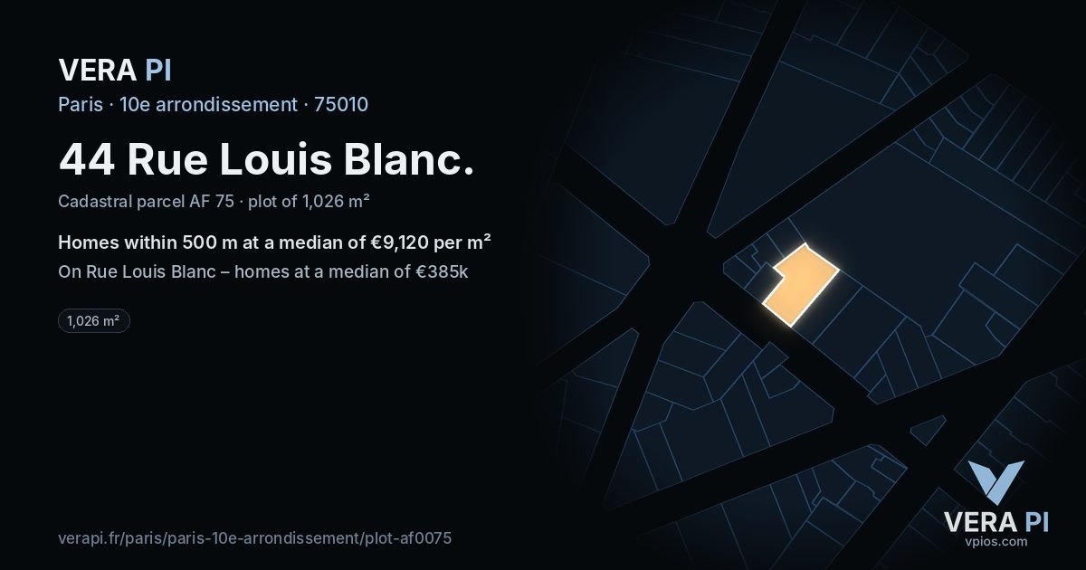 44 Rue Louis Blanc, 10e arrondissement at night – the plot lit, the parcels around coloured by the prices near them