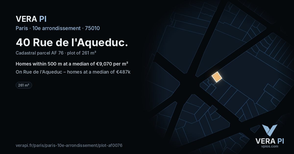 40 Rue de l'Aqueduc, 10e arrondissement at night – the plot lit, the parcels around coloured by the prices near them