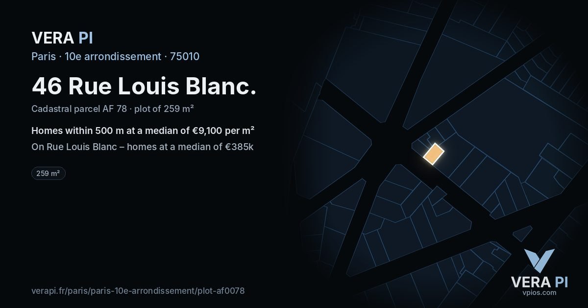 46 Rue Louis Blanc, 10e arrondissement at night – the plot lit, the parcels around coloured by the prices near them