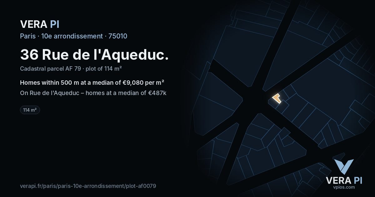 36 Rue de l'Aqueduc, 10e arrondissement at night – the plot lit, the parcels around coloured by the prices near them