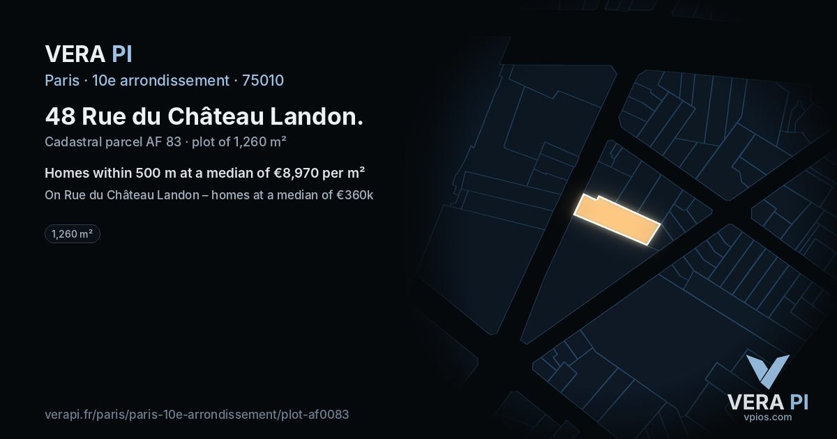 48 Rue du Château Landon, 10e arrondissement at night – the plot lit, the parcels around coloured by the prices near them
