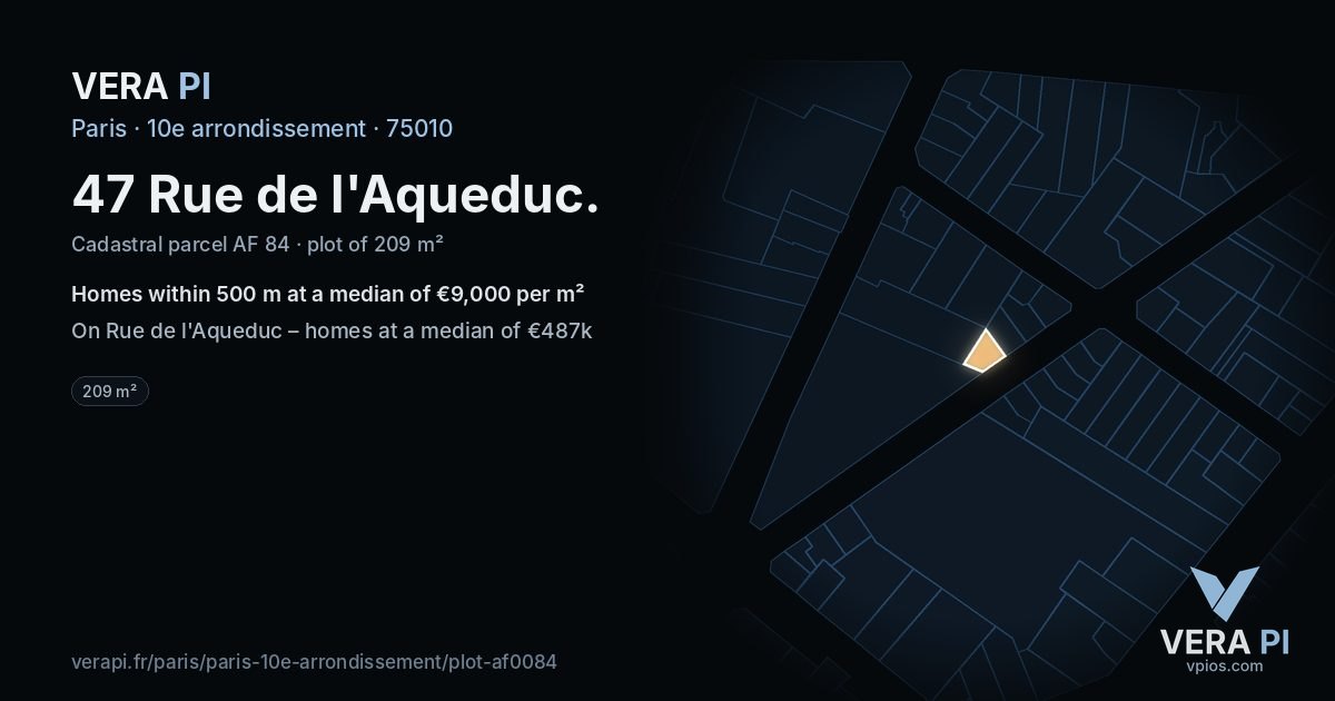 47 Rue de l'Aqueduc, 10e arrondissement at night – the plot lit, the parcels around coloured by the prices near them