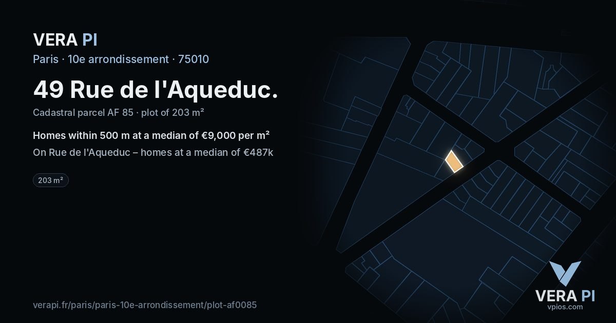 49 Rue de l'Aqueduc, 10e arrondissement at night – the plot lit, the parcels around coloured by the prices near them