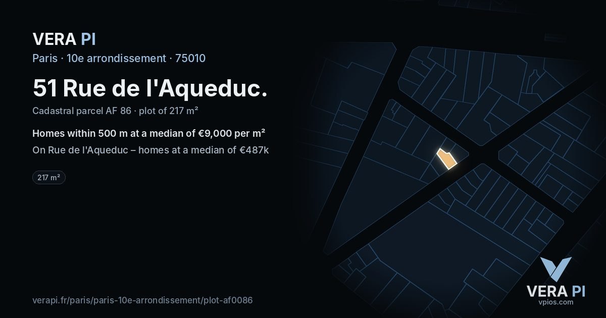 51 Rue de l'Aqueduc, 10e arrondissement at night – the plot lit, the parcels around coloured by the prices near them