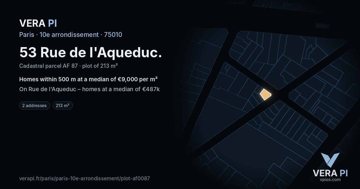 53 Rue de l'Aqueduc, 10e arrondissement at night – the plot lit, the parcels around coloured by the prices near them