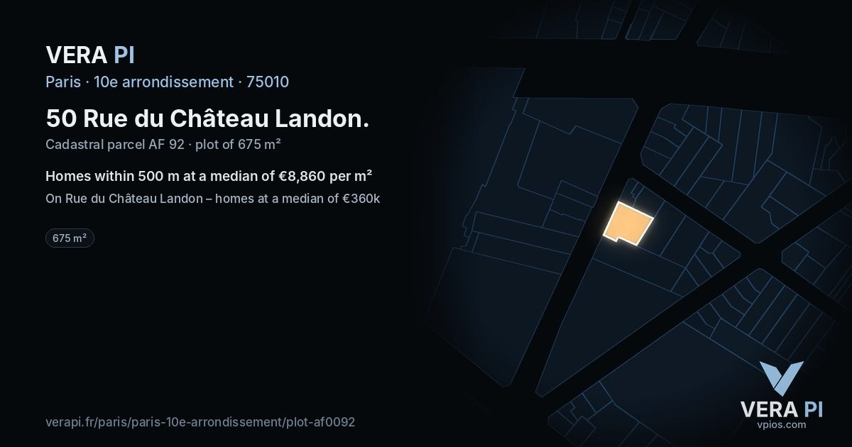 50 Rue du Château Landon, 10e arrondissement at night – the plot lit, the parcels around coloured by the prices near them
