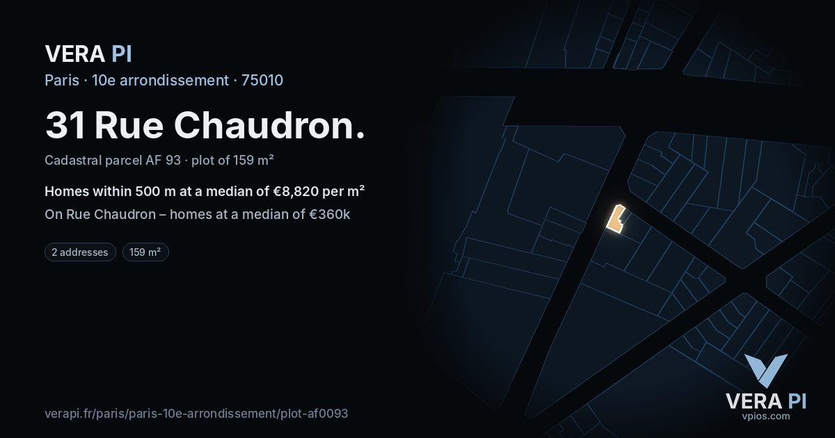 31 Rue Chaudron, 10e arrondissement at night – the plot lit, the parcels around coloured by the prices near them