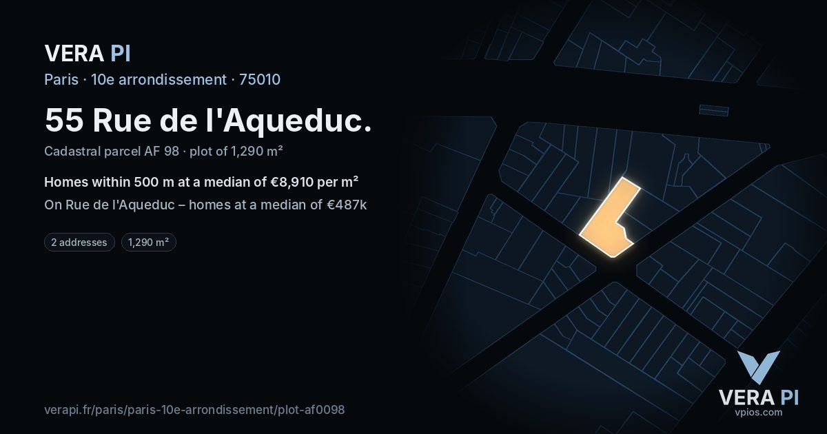 55 Rue de l'Aqueduc, 10e arrondissement at night – the plot lit, the parcels around coloured by the prices near them