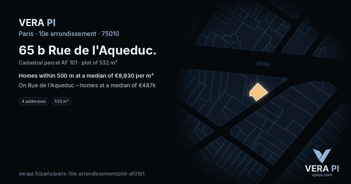 65 b Rue de l'Aqueduc, 10e arrondissement at night – the plot lit, the parcels around coloured by the prices near them