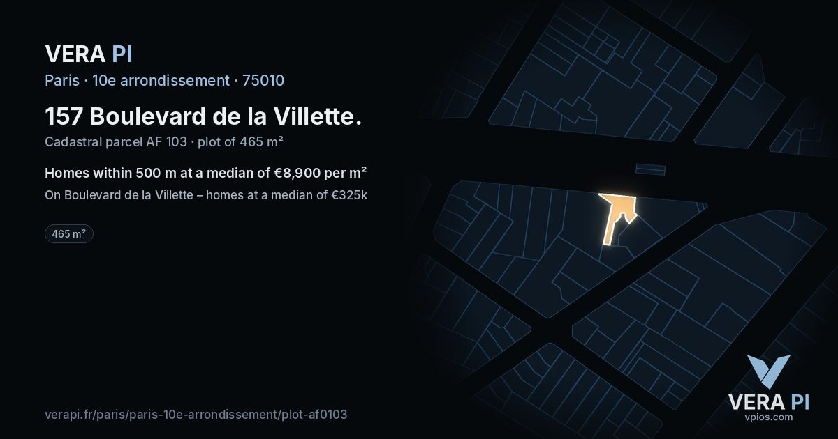 157 Boulevard de la Villette, 10e arrondissement at night – the plot lit, the parcels around coloured by the prices near them
