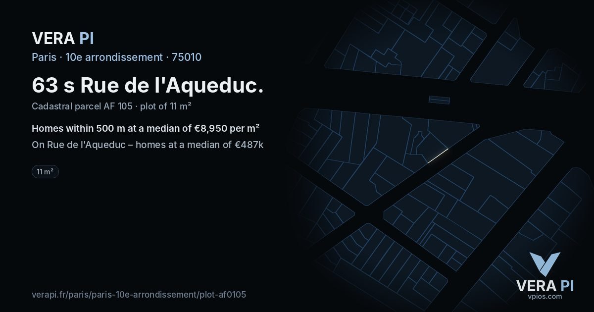 63 s Rue de l'Aqueduc, 10e arrondissement at night – the plot lit, the parcels around coloured by the prices near them