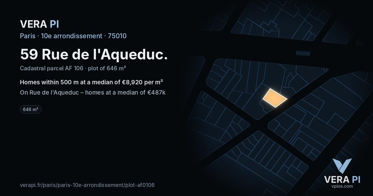59 Rue de l'Aqueduc, 10e arrondissement at night – the plot lit, the parcels around coloured by the prices near them