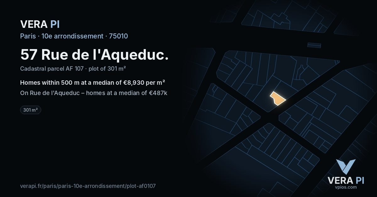 57 Rue de l'Aqueduc, 10e arrondissement at night – the plot lit, the parcels around coloured by the prices near them