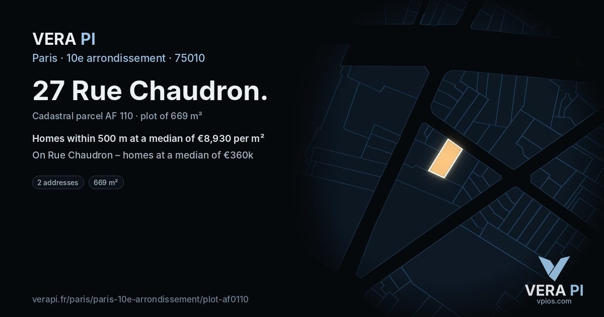 27 Rue Chaudron, 10e arrondissement at night – the plot lit, the parcels around coloured by the prices near them
