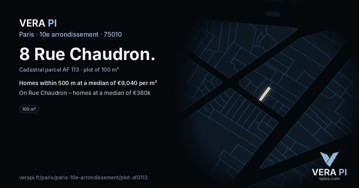 8 Rue Chaudron, 10e arrondissement at night – the plot lit, the parcels around coloured by the prices near them