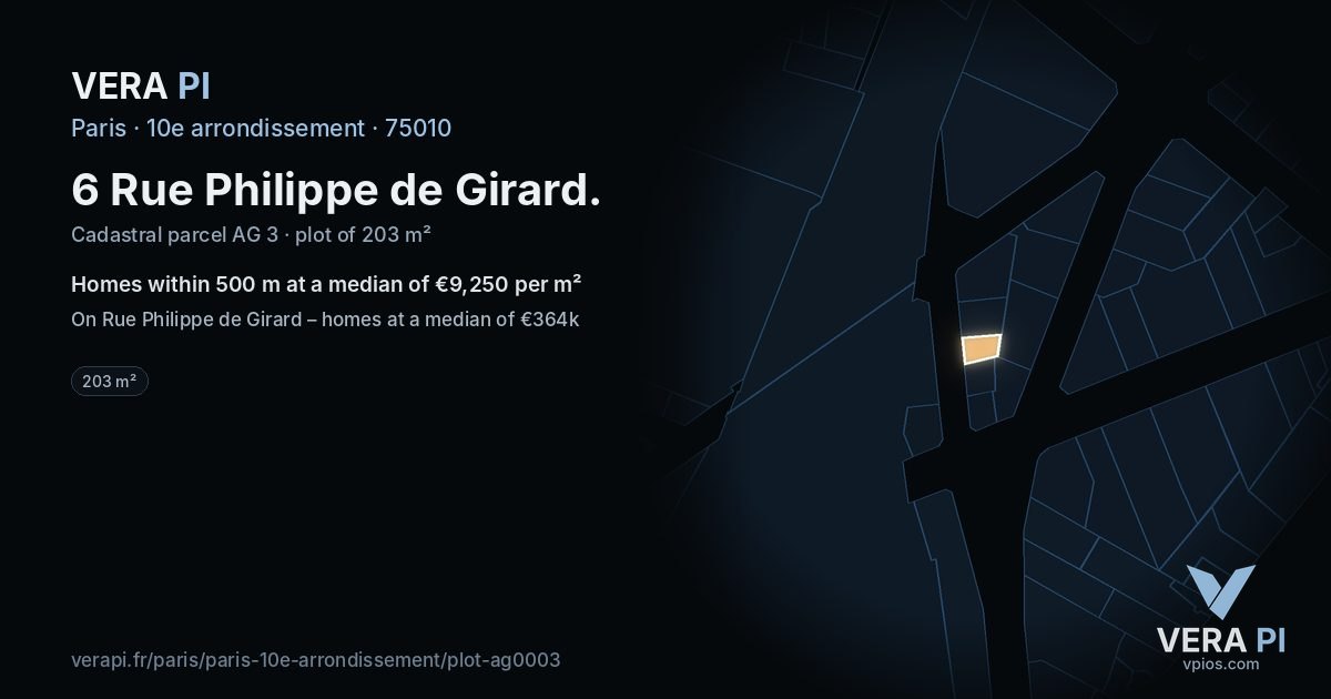 6 Rue Philippe de Girard, 10e arrondissement at night – the plot lit, the parcels around coloured by the prices near them